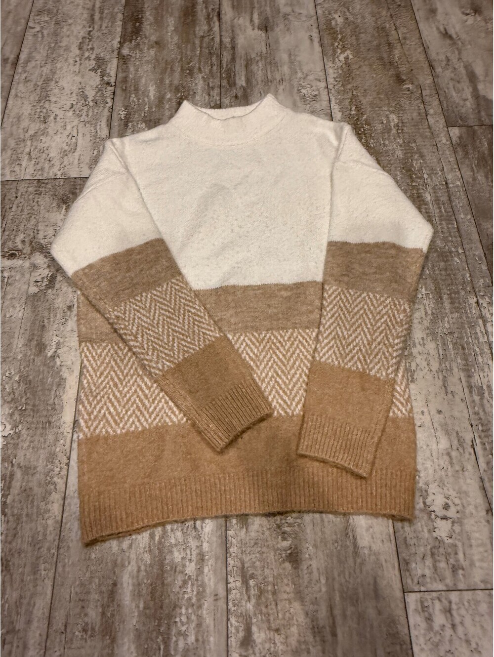 Primary XS Fuzzy Herringbone Colorblock Sweater Neutral